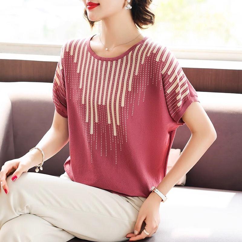 Plus Size 5XL Korean Simple Loose O-neck Ice Silk Short Sleeved T-shirt Women Contrasting Colors Bat Sleeve Summer Knit Top