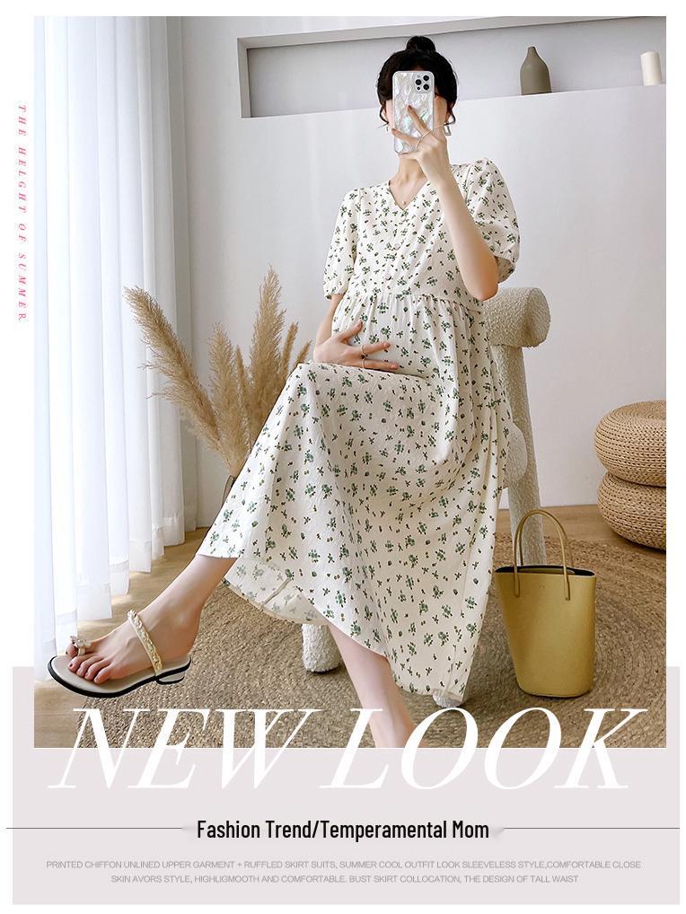 High-End Floral Maternity Midi Dress for Summer: Pregnancy & Breastfeeding Friendly