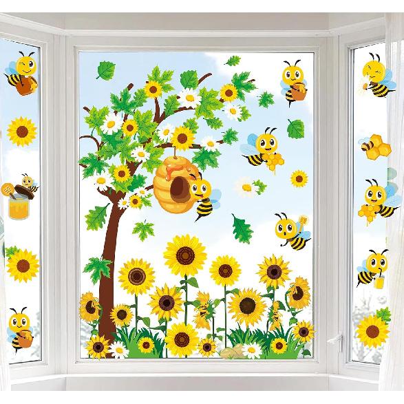 Whaline 6 Sheets St. Patrick's Day Window Clings Large Clover Tree Gnome Window Decals Double-Sided Green Shamrock Gold Co Windows Decor for Irish