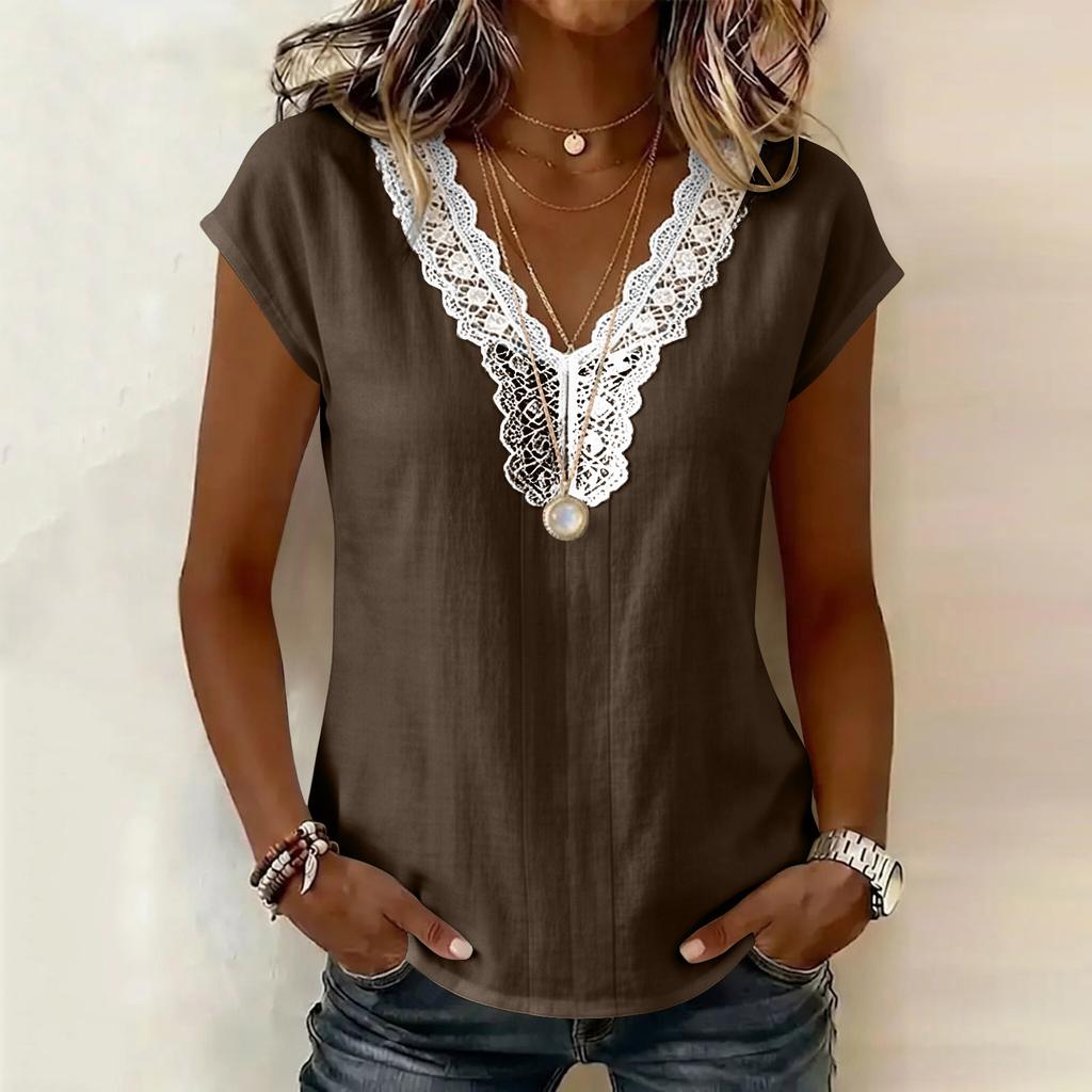 Women Casual Pullover Top V Neck Lace Trim Stitching Short Sleeve Blouse Lightweight Loose Fit Shirt for Everyday Wear