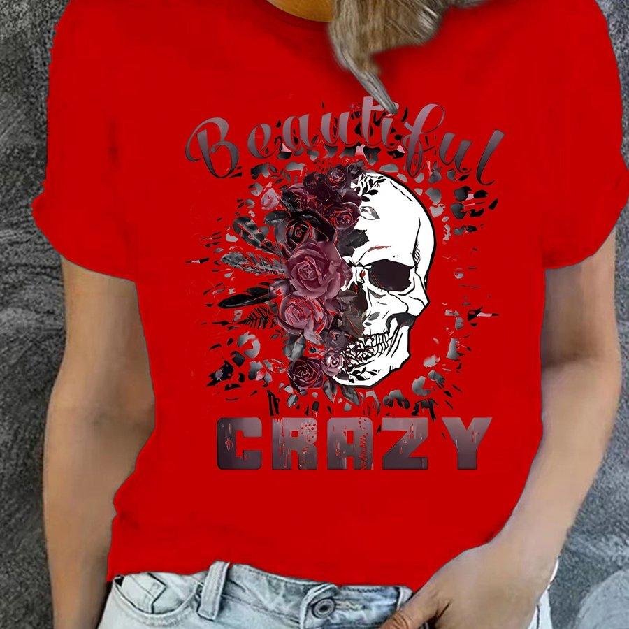 Skull & Letter Print T-shirt Casual Crew Neck Short Sleeve T-shirt Women's Clothing