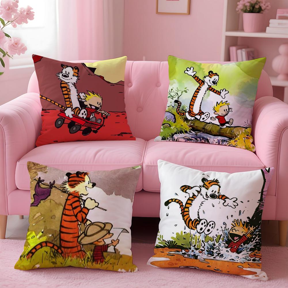 C-Calvin And H-Hobbes Cushion Cover Plush Fabric Soft Double-Sided Printed Sofa Warm Winter Home Gift Pillow Case