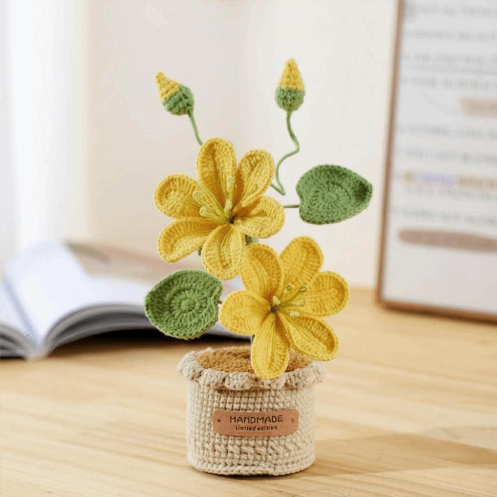 Handwoven Crochet Flowers Tung Blossom Realistic Artificial Flowers Snowflake Yarn Potted Knitted Flower Desktop Decoration