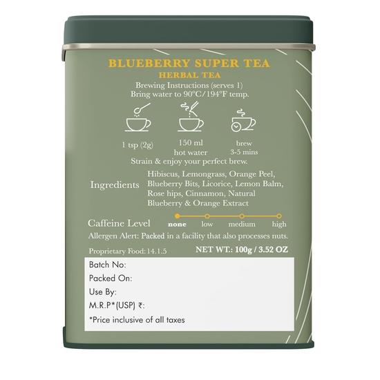 LUXMI Estates Blueberry Super Tea 100 Gram Tin Caddy|Certified Organic Tea|Caffeine-Free|50 Cups, Hibiscus