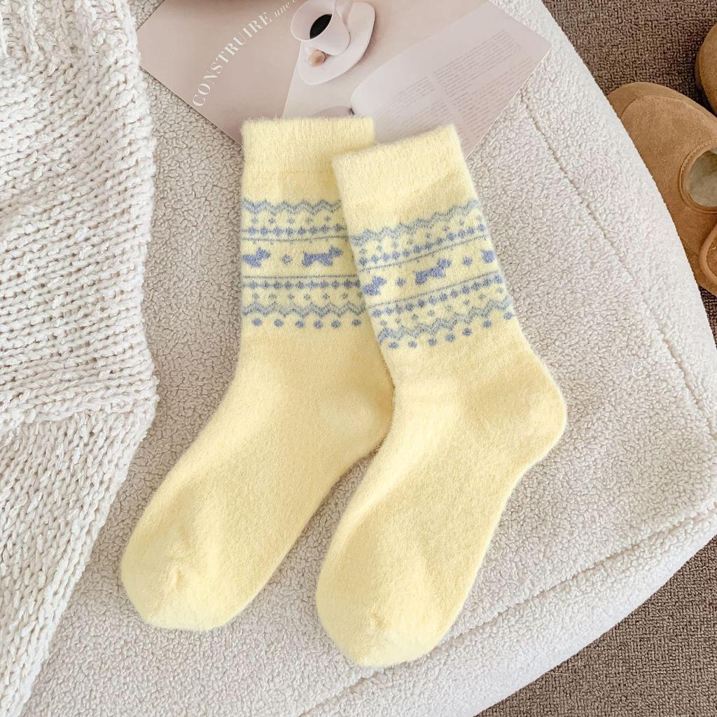 Fair Isle Puppy Bow Mid-Calf Wool Socks - Cozy Autumn/Winter Japanese Style Women's Warmth