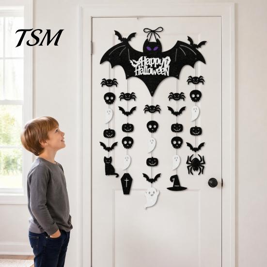 Spooky Home Decor Happy Halloween Bat Hanging Door Sign, Skull Spider Paper Black Cutouts Ornament, Large Wall Hanger for Party Supplies Sign