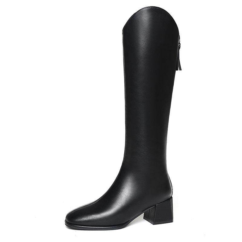 Autumn Winter Square Toe Middle Heel Women's Long Boots Leather Fleece-Lined Ladies Knee High Shaft Shoes New Rock Goth Boot