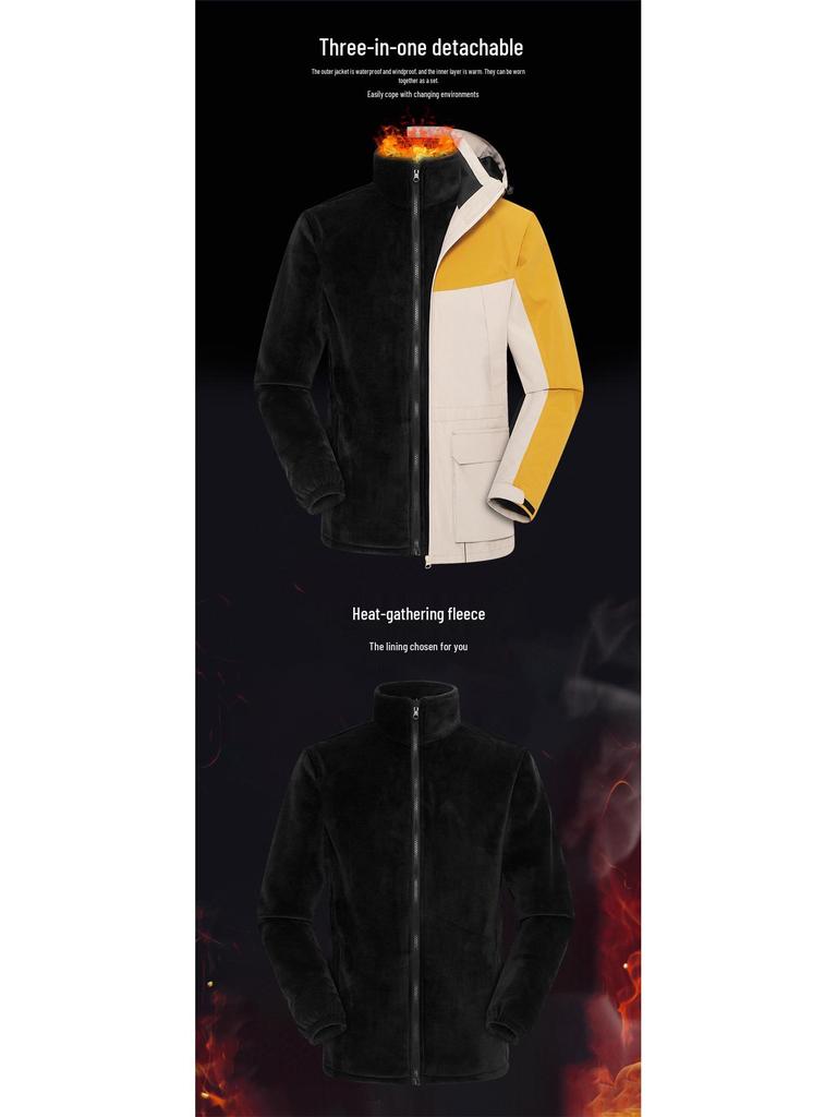 Unisex Waterproof Windproof 3-in-1 Detachable Jacket Set: Fleece-Lined, Thickened, Warm Outdoor Outerwear