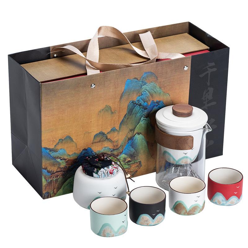 Hand-painted Yuanshan Guochao Kung Fu Tea Set, a Complete Set of Gifts, High-end Business Gifts, a Pot of Four Cups for the Leader Teacher's Father