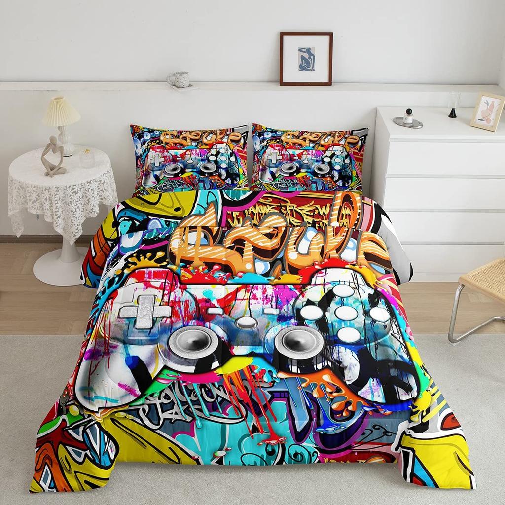Rock Music Graffiti Duvet Set, Hip Hop Art Bedroom Supplies Quilt Set Three-Piece Set