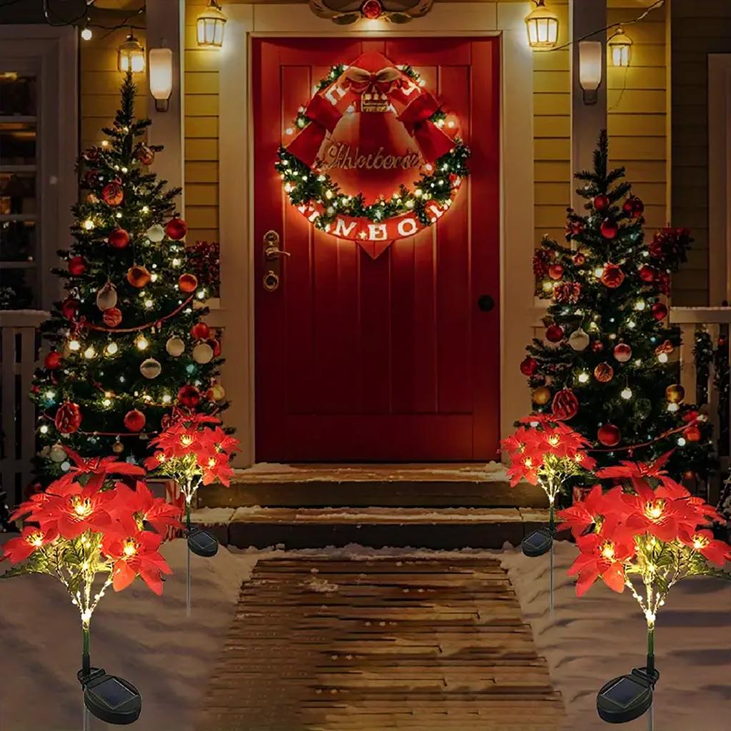LED Solar Christmas Flower Poinsettia Artificial Flower Light, Suitable for Decorating Christmas Gardens, Lawns, and Courtyards