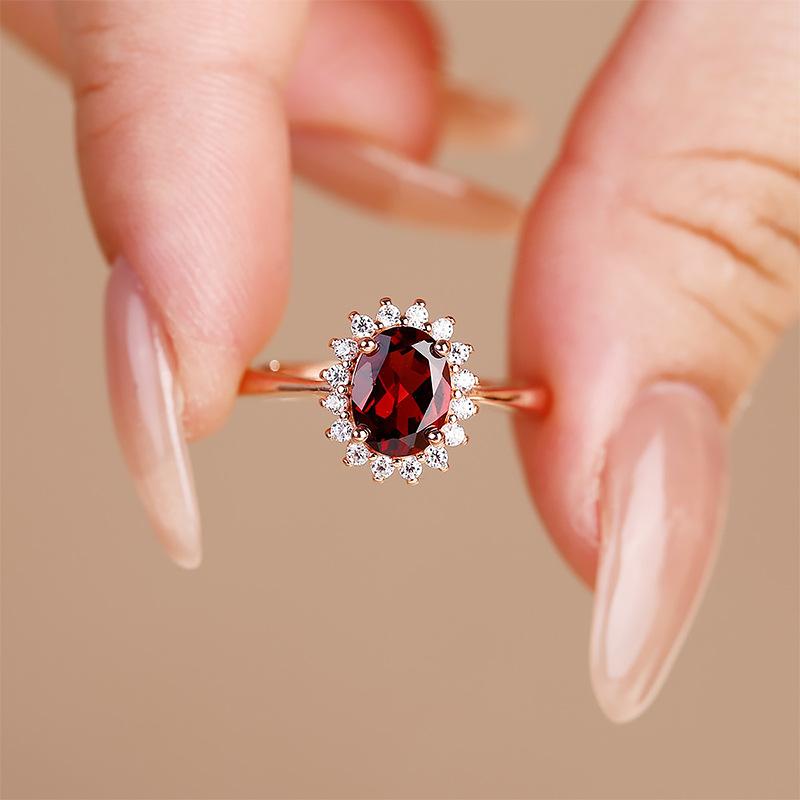 Imitation Natural Garnet Princess Diana Ring Rose Gold Plated With Diamonds Flower Ring