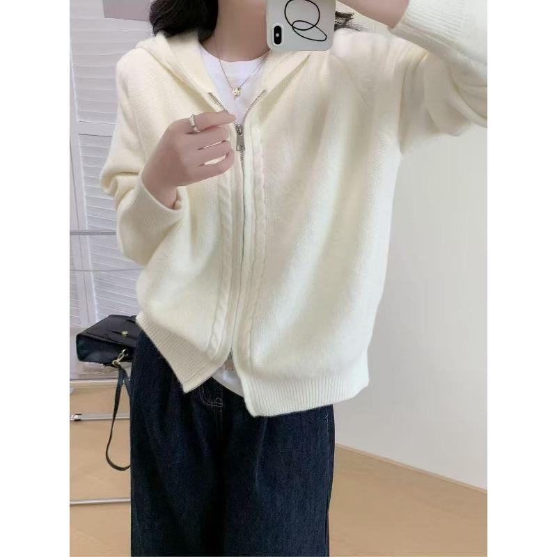 Double Zipper Hooded Sweater Jacket Women's Clothing Autumn and Winter New Loose Lazy Wind Knitted Cardigan Women