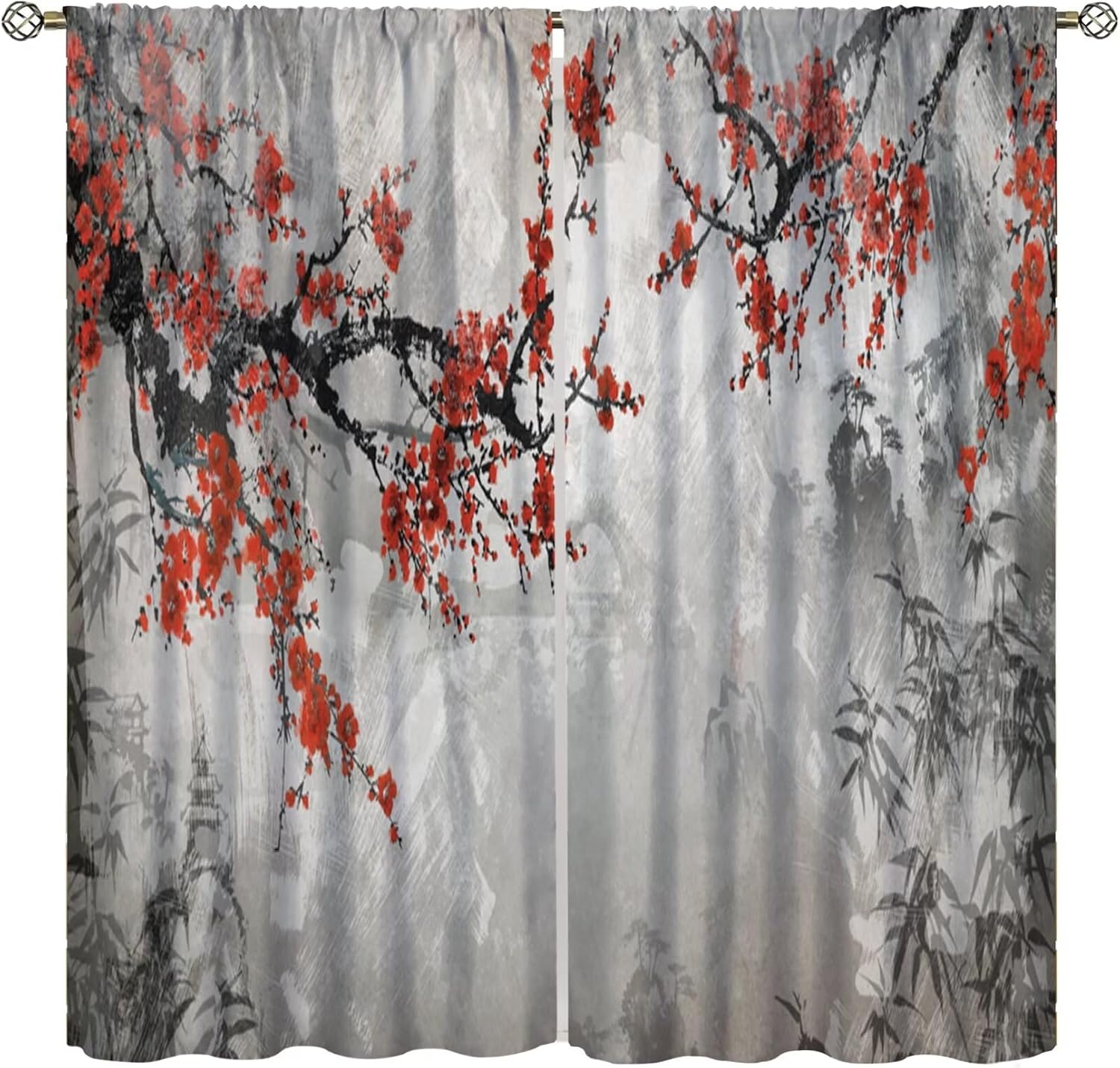 

Red Floral Blackout Curtain Plum Blossom Cherry Blossom Asian Japanese Vintage Flower Watercolor Traditional Ink Scenery Art for 100*130 Grommet Top 1pcs