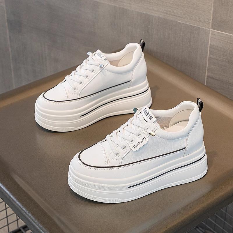 Early spring new leather inner height increase little white shoes women's 8CM thick-soled slope heel casual walking sports shoes show long legs