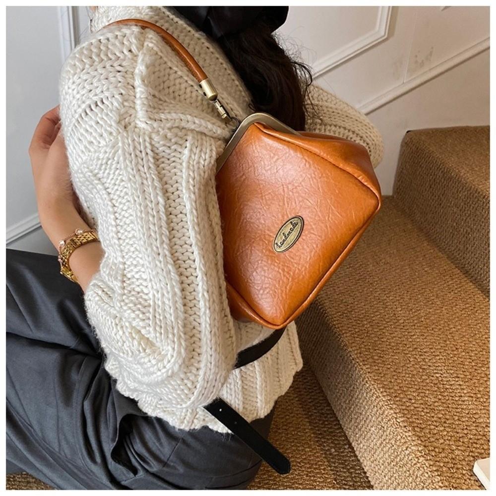Vintage Kiss Lock Crossbody Bag PU Leather Solid Color Small Handbag Large Capacity Shoulder Bag