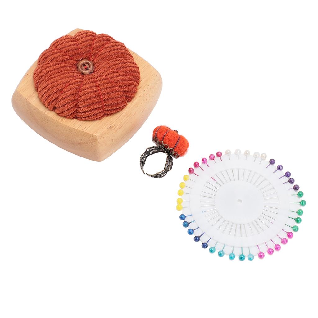 Pin Cushion Kit Cute Pumpkin Shape Pin Cushion Wooden Base with Finger Ring Pincushions Sewing Pins