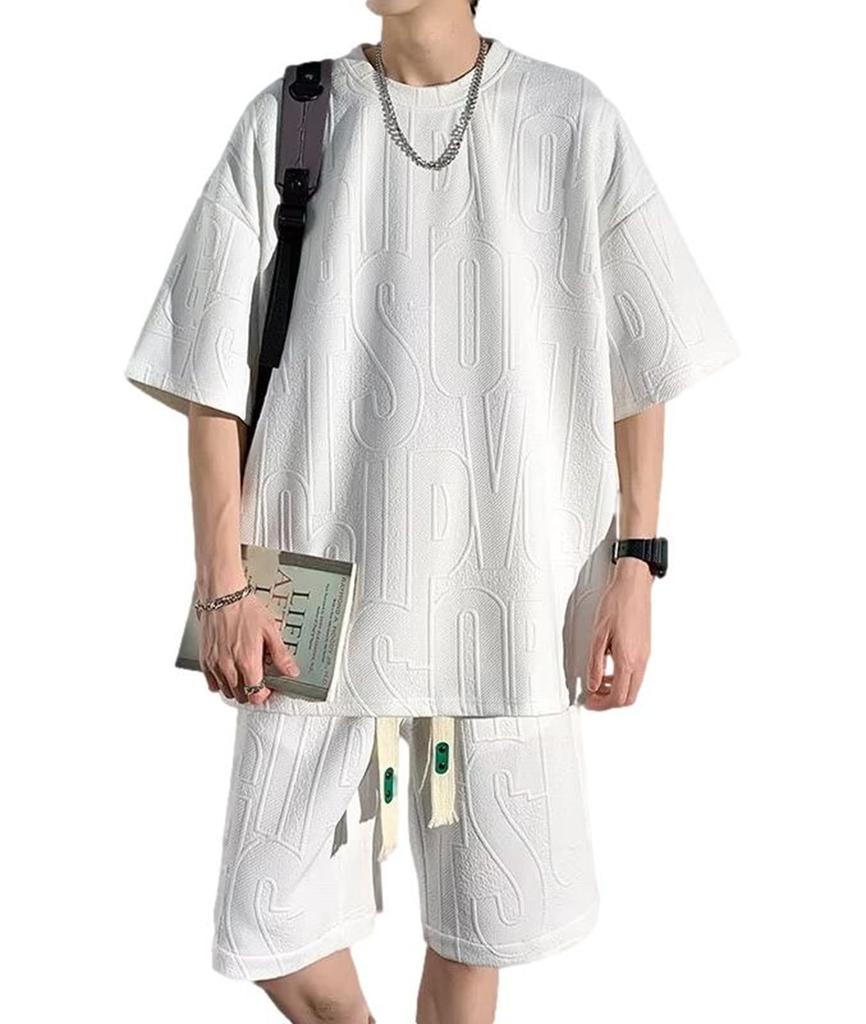 Ririka Setup Top and Bottom Set Short Sleeves Shorts Loungewear Roomwear Logo Slightly Bad Boy Loose Fit Street Casual [ririka] T-Shirt Men's (White,