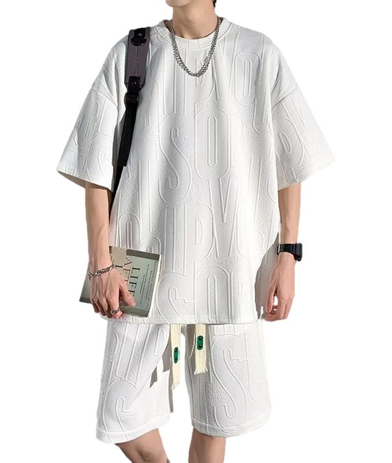 

Комплект Ririka: Топ и низ с короткими рукавами, шорты, домашняя одежда, логотип, слегка плохой парень, свободный крой, уличный кэжуал [ririka] Футболка мужская (Белый, белый