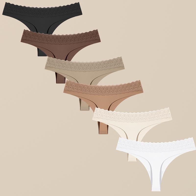 6Pcs Sexy Hollow Lace G-String Girl Underwear  Ladies Thongs Solid Seamless Soft Female Panties Low Waist Lingerie