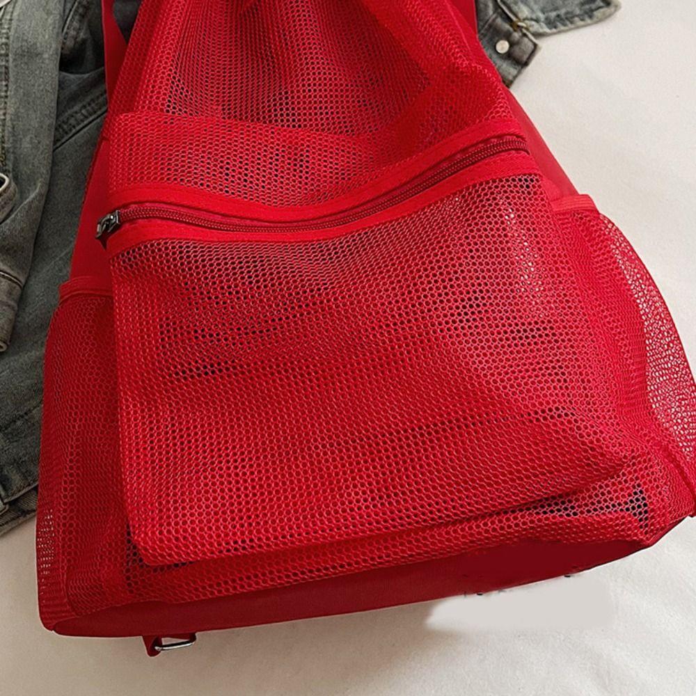 Sweet Korean Style Drawstring Backpack Hollow Portable Nylon Backpack Shoulder Bag Solid Color Mesh Beach Bag Outdoor