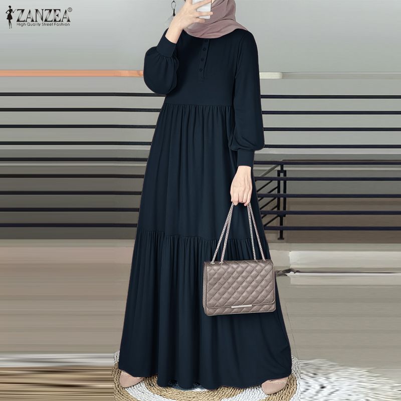ZANZEA Women Round Neck Long Sleeve Loose Casual Muslim Dress