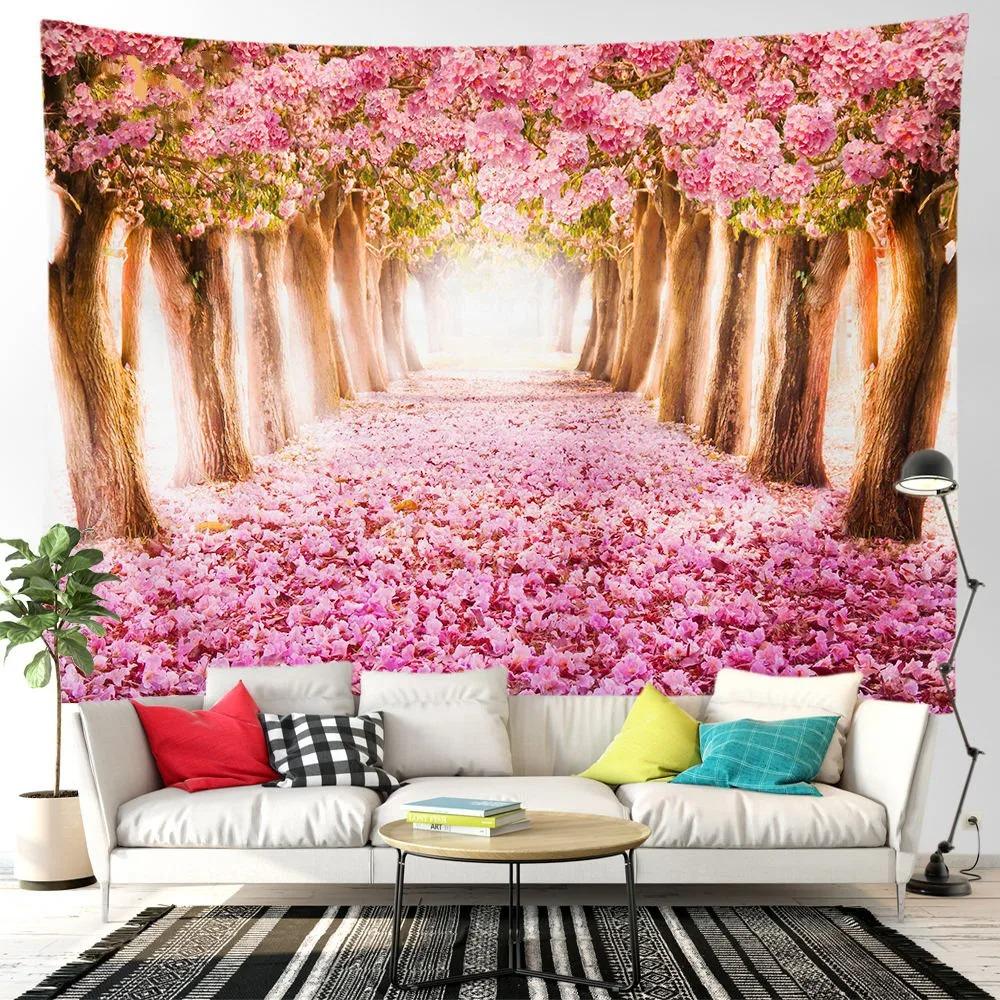 Pink cherry blossom tree mountain forest wall tapestry home decoration living room bedroom background hanging cloth