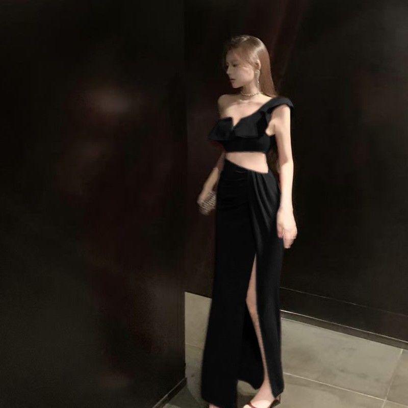 Nuovo Elegante e Sexy Abito da Sera Lungo Asimmetrico a Vita Alta Monospalla con Spacco per Socialite, Adatto per Cene Formali e Abiti da Cocktail