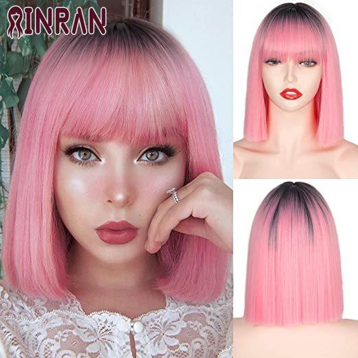 XINRAN Lange gerade weinrote Perücke mit Pony, synthetische Perücken für Frauen, hitzebeständiges Naturhaar für die tägliche Halloween-Cosplay-Party