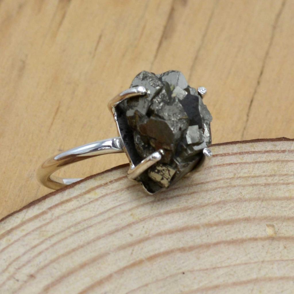 Pyrit 925 Sterling Silber Ring, roher Edelstein handgemachter Damen Boho Ring