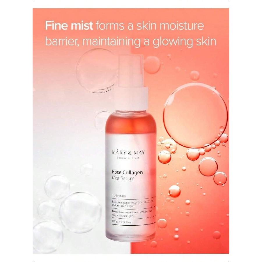 Mary&May Rose Collagen Mist Serum 100ml - Double Layer Essence Face Spray -  Anti-Aging And Glowing Skin With Damask Rose Water And Plant-Based Oils