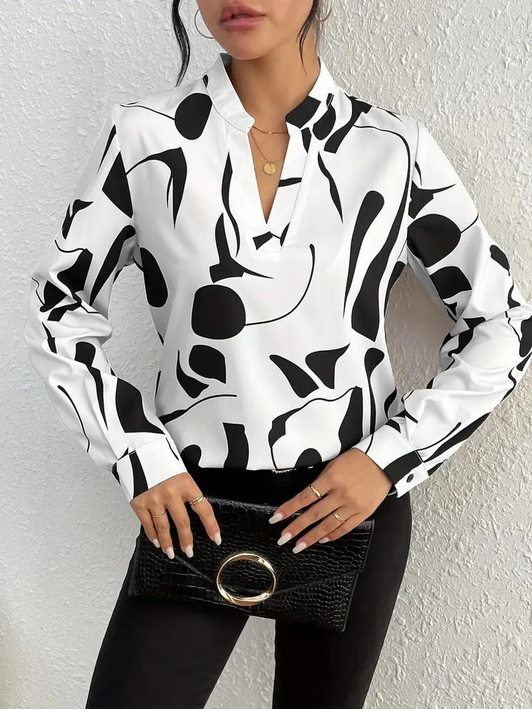 Women's V Neck Long Sleeve Loose Fit Blouse Abstract Pattern Casual Shirt