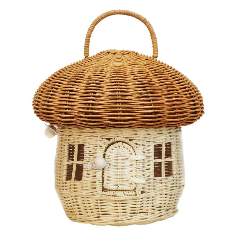 Rattan Woven Mushroom Basket Hand Woven Wicker Boxes Vacation Picnic Baskets Bohemian Portable Storage Boxes Sundries Organizer
