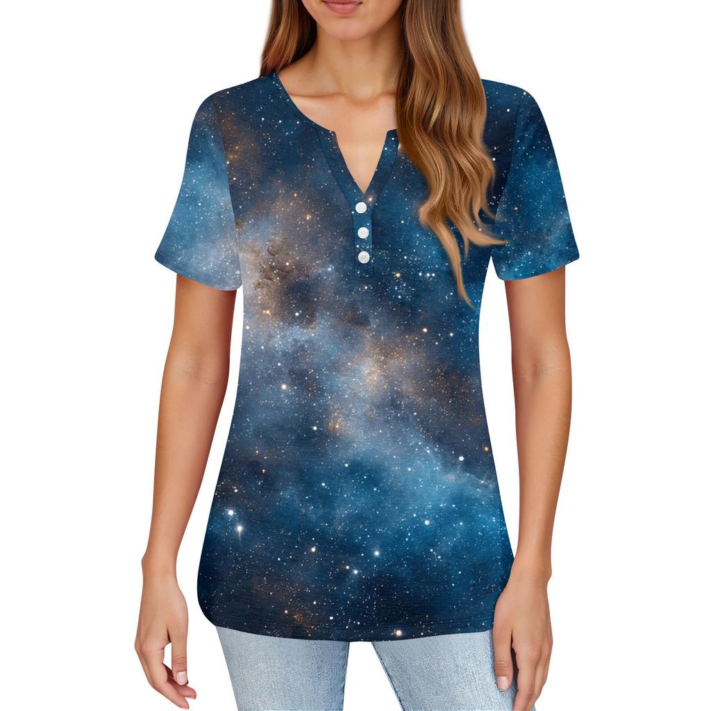 Women's T Shirt Print Button Short Sleeve Daily Weekend Fashion Basic V, Neck Regular Top