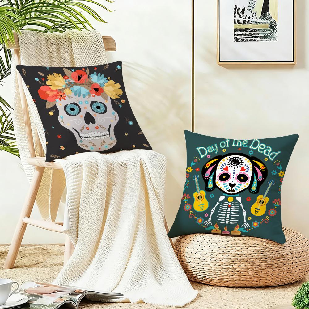 Mexico Easter Flower Skeleton Cushion Cover Case Antidustmite Pillowcase Invisible Zipper Silky Short Plush Sofa Cushion Cover