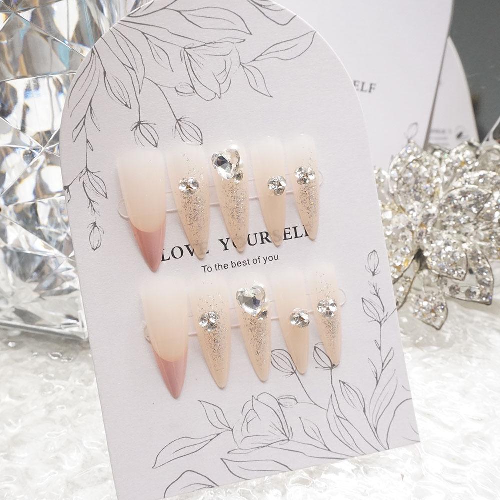 French Princess Pink Rhinestone False Nails - Light Luxury Handmade Nail Art Tips