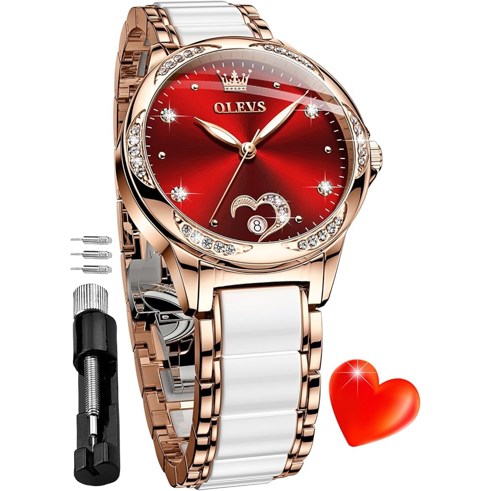 OLEVS Women s Automatic Watch Rose Gold Diamond Luxury Dress Watch White Ceramic Heart Date Red