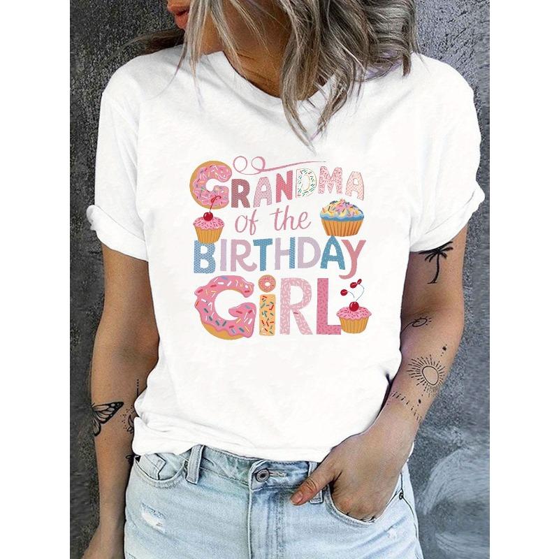 

Women s Grandma of The Birthday Print Tee Crew Neck Short Sleeve Summer Casual Top S белый
