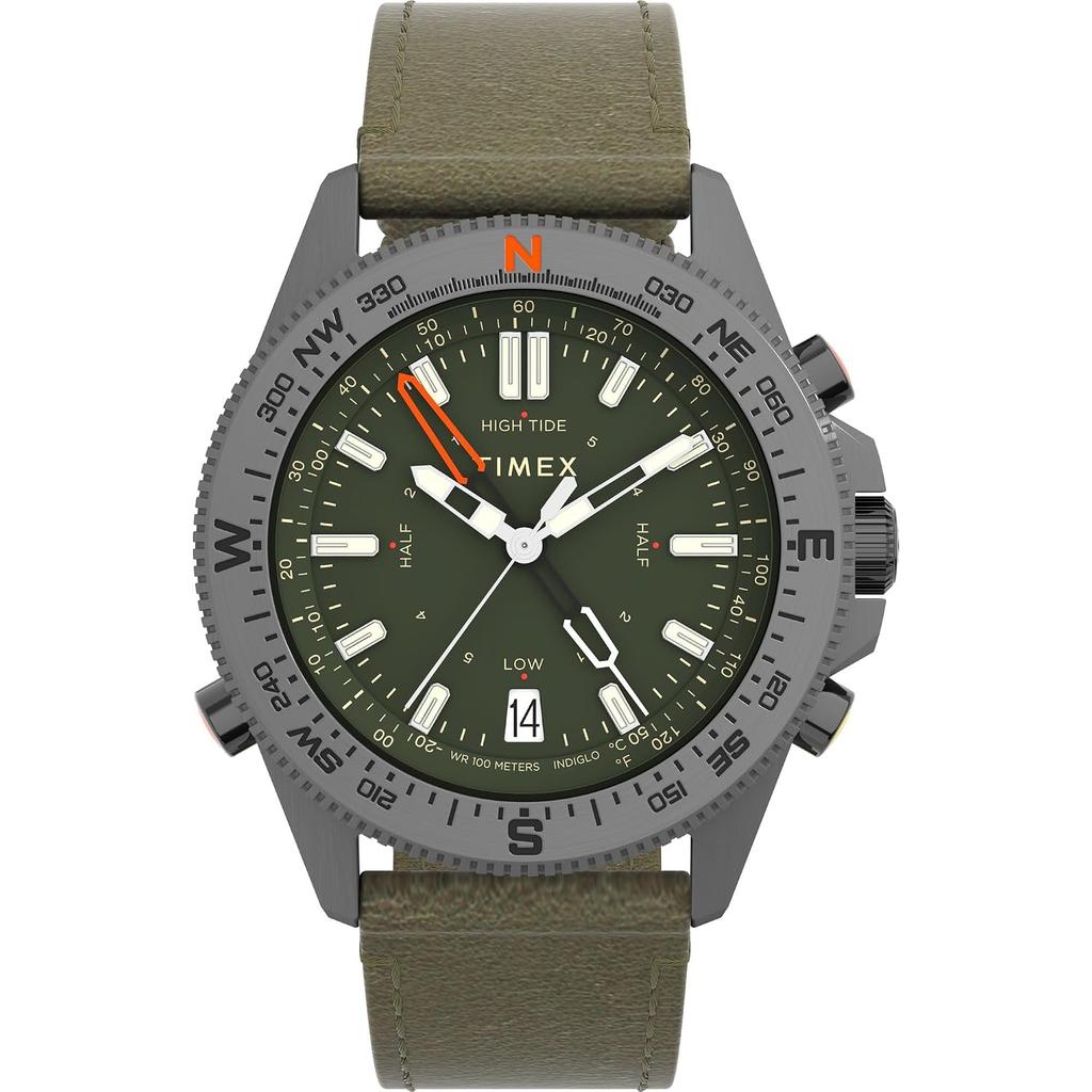 Timex Herren Expedition North Tide Temp Kompass 43mm Uhr - Braunes Armband Grünes Zifferblatt Gunmetal Gehäuse