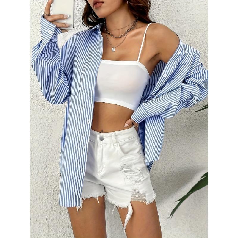 Dame Stripet Cardigan Løs Casual Langermet Skjorte Topp