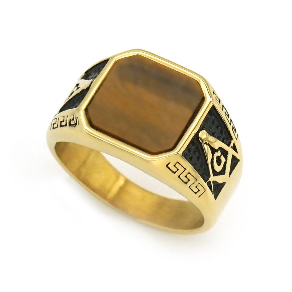 Ring New Golden Classic Retro Ring Frosted Lapis Lazuli Rough Stone Freemasonry AG Men's Ring