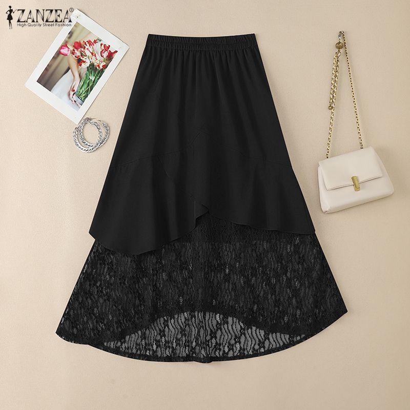 ZANZEA Women Elastic Waist Casual Lace Patchwork Irregular Pleated Skirts