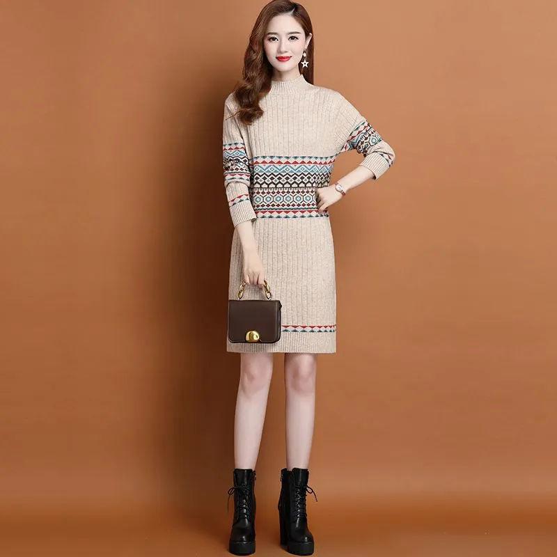 Slim Sweater Dress for Women In Winter Thickened and Warm Half Turtleneck Pullover Solid Color Casual Mid-length Knitted Sweater