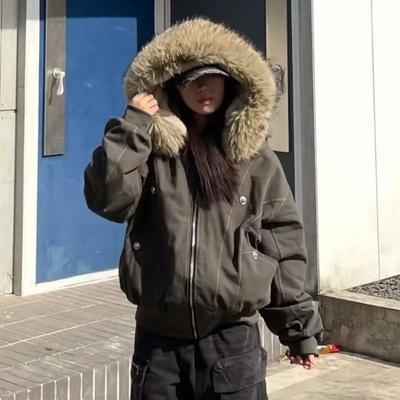 2KWEIRD Jaqueta Americana de Rua com Gola de Pele com Zíper e Capuz Mulheres Outono Inverno Retrô Novo Veludo Espessado Quente Moda Solta Casual
