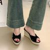 Fashion Women's Thick Bottom Slippers Summer Outdoor Wear Roman Straw Weave Wedges High Heels Sandals Casual Heightening Brown Slides