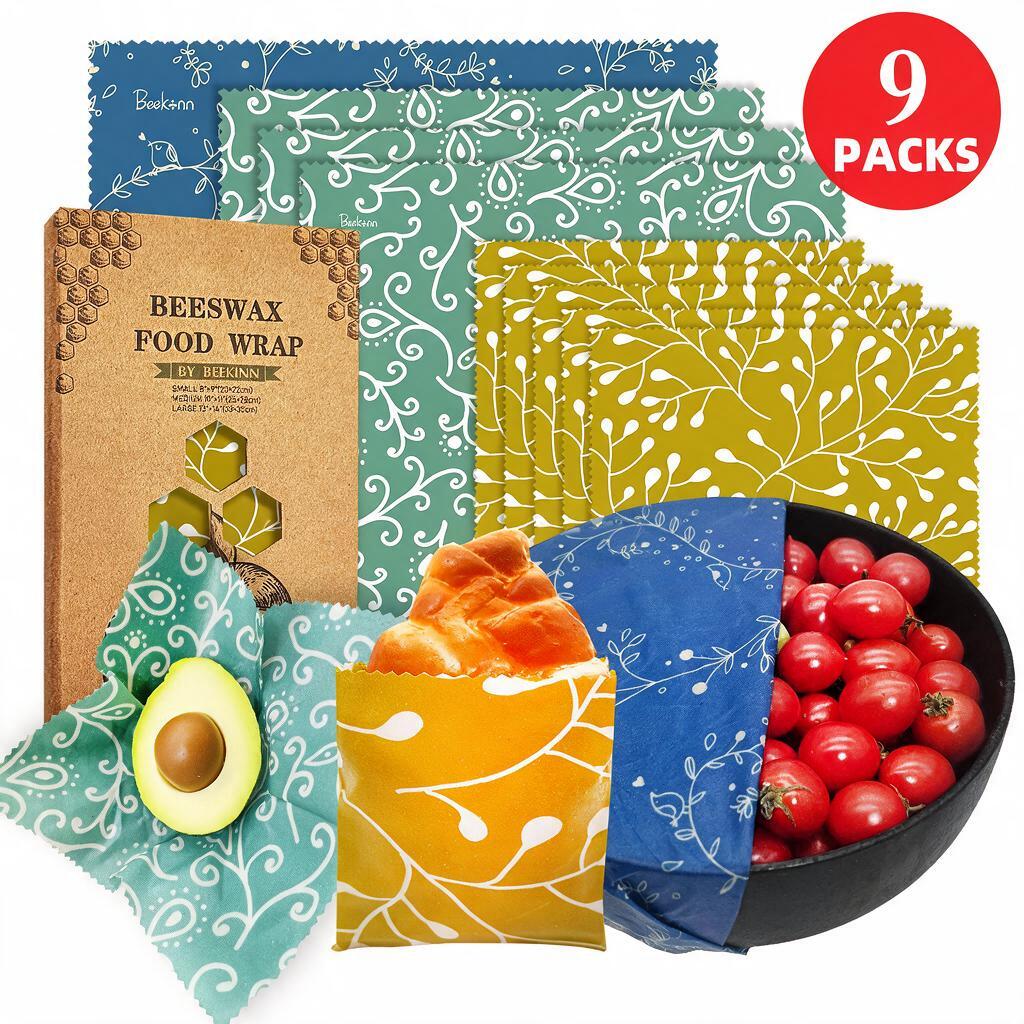 9 Pack Beeswax Food Wraps, Food Grade Reusable Beeswax Cloth, Eco-Friendly Food Storage Wraps