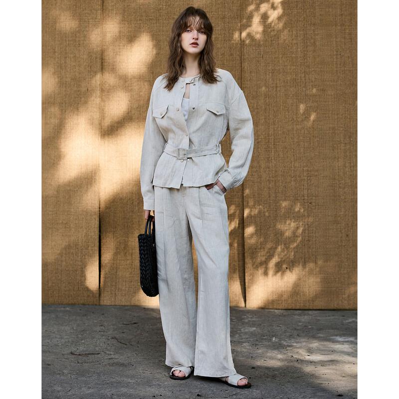 Demana 100% Linen Stand Collar Belted Petite Jacket S