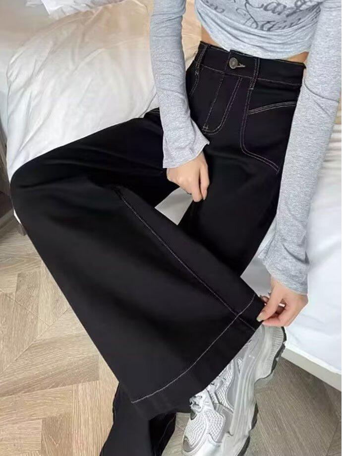 2025 Black High-Waist Flared Bell Bottom Pants - Women's Slimming Wide Leg Denim Trousers