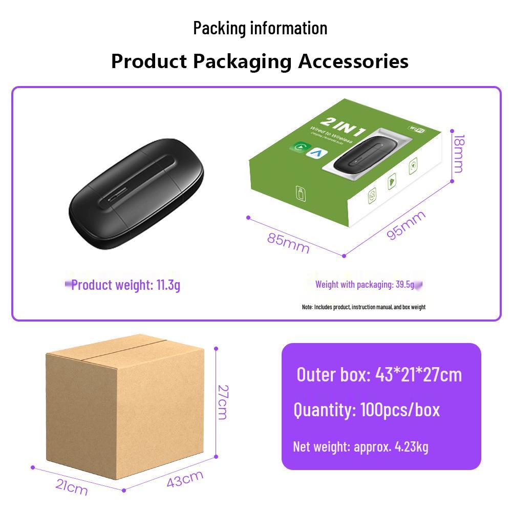 

Проводной к беспроводному блоку CarPlay с двумя головками для Apple и Android Auto