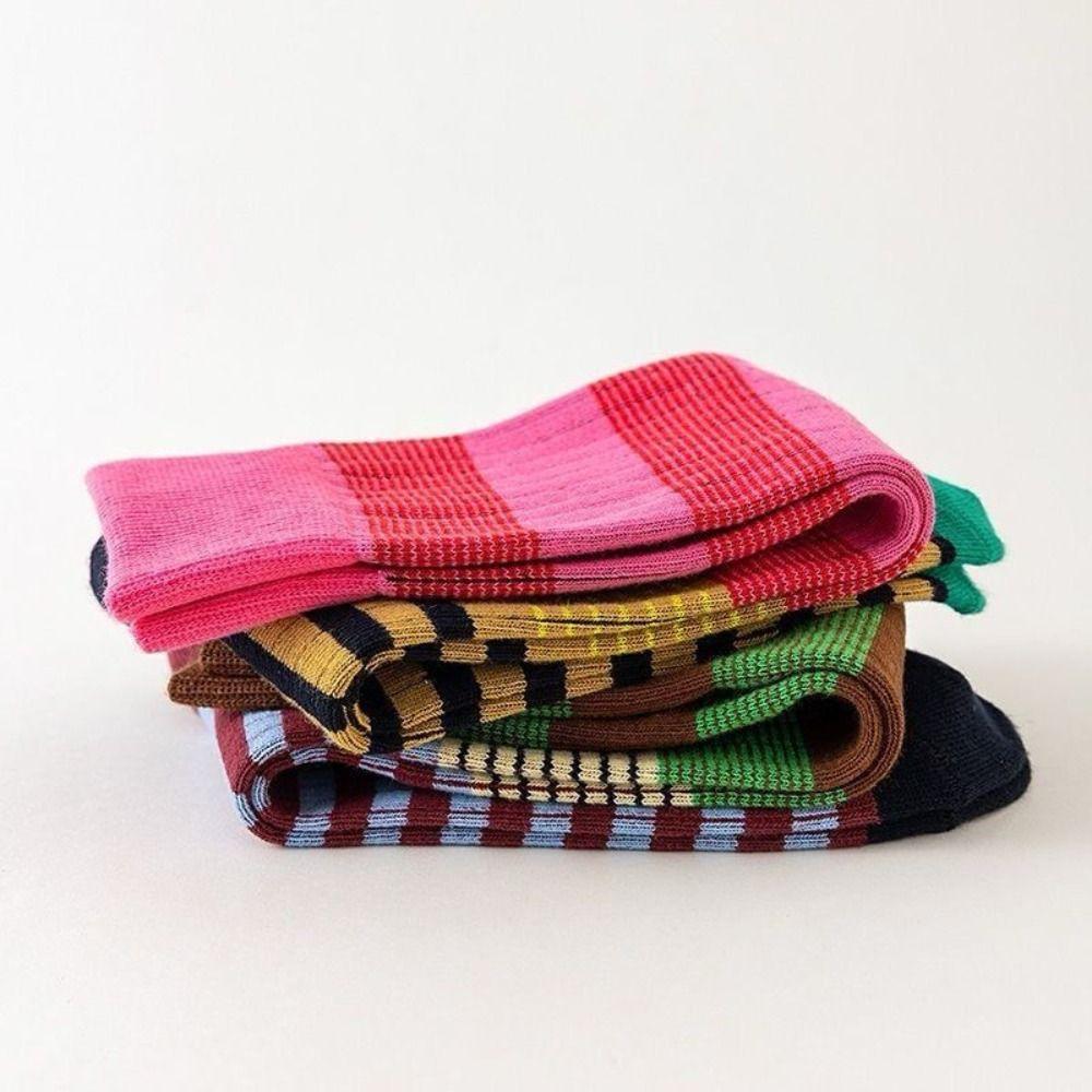 4pairs Patchwork Colorful Striped Calf Socks Japanese Style Retro Pile Socks  Girl